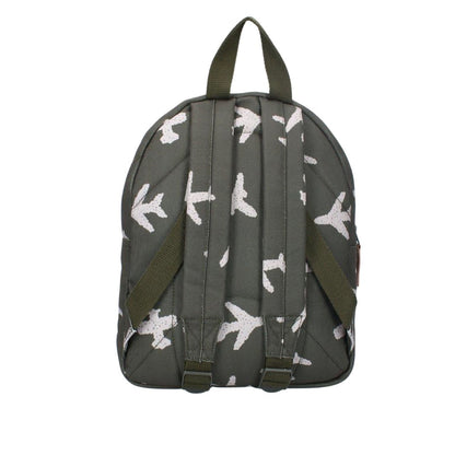 Backpack with white bird pattern on a gray background