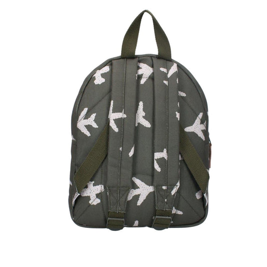 Backpack with white bird pattern on a gray background
