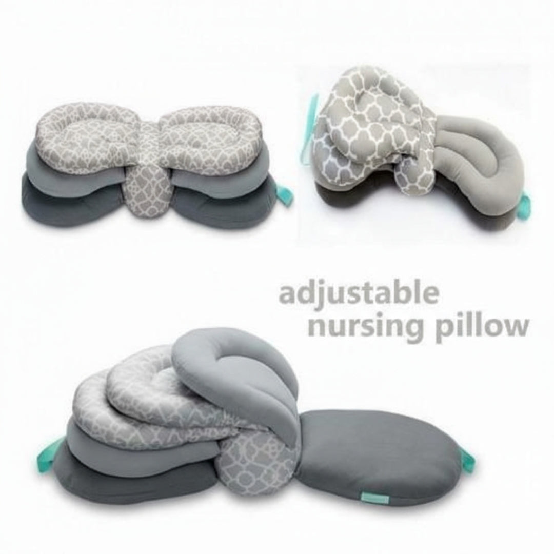 Gray adjustable nursing pillow with patterned design on a white background