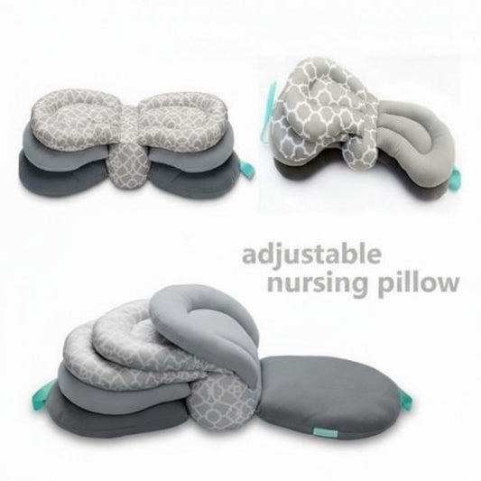 Gray adjustable nursing pillow with patterned design on a white background