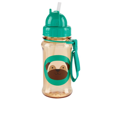 A clear plastic Skip Hop water bottle with a translucent amber body, a teal lid and carrying strap, and a printed pug face graphic on the front, shown on a white background.