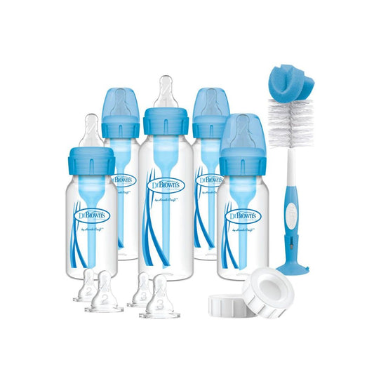 Set of Dr. Brown's baby bottles and cleaning brush with blue accents on a white background