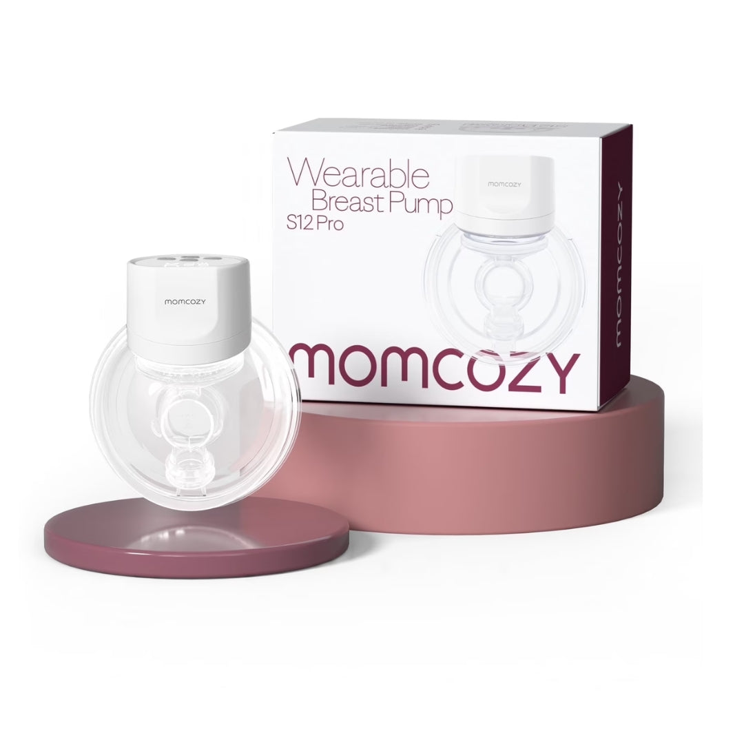 Momcozy wearable breast pump with packaging on a white background