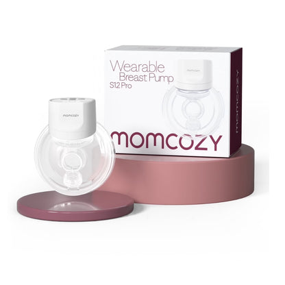 Momcozy wearable breast pump with packaging on a white background