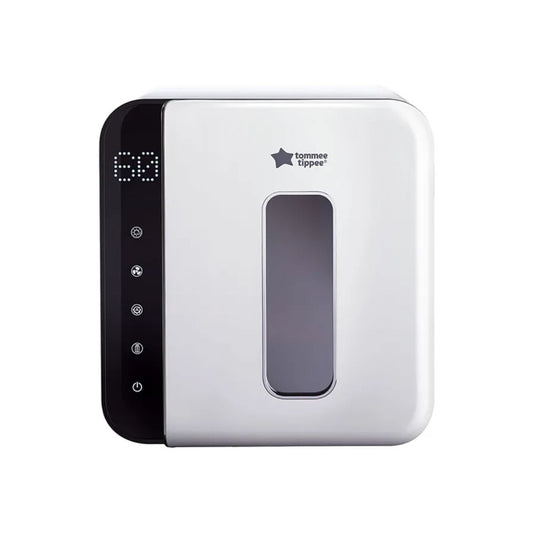 White and black Tommee Tippee UV Sterilizer with digital display and brand logo on a white background