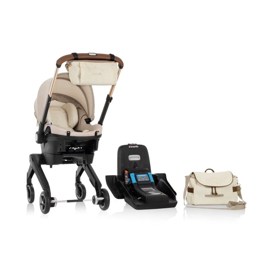 Evenflo Baby stroller, car seat, and handbag on a white background