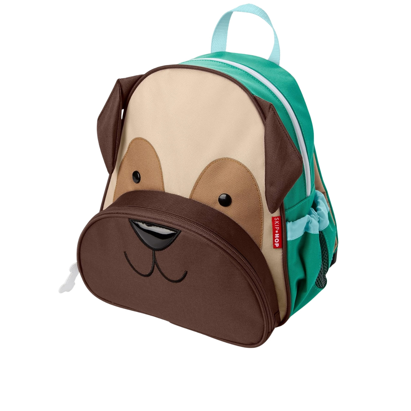 A Skip Hop dog-shaped lunch bag with a brown and beige dog face design, teal green side panels, and a light blue top handle, shown on a plain white background.
