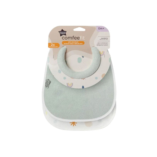 Tommee tippee Mint green Baby bib in packaging with 'comfee it' branding on a white background