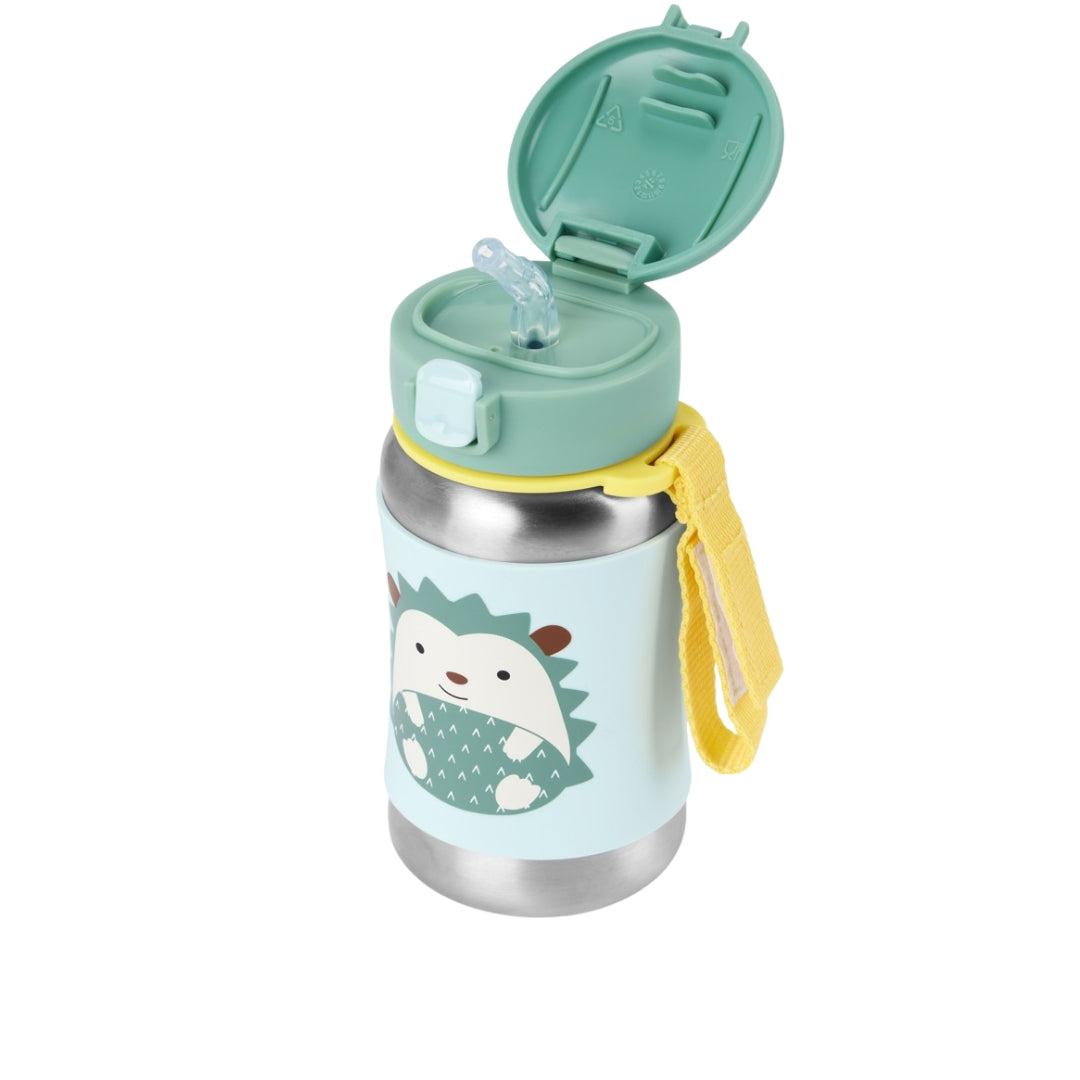 A kid's Skip Hop stainless steel water bottle with a mint green lid and carrying strap, featuring a cute hedgehog illustration on a pale blue body.