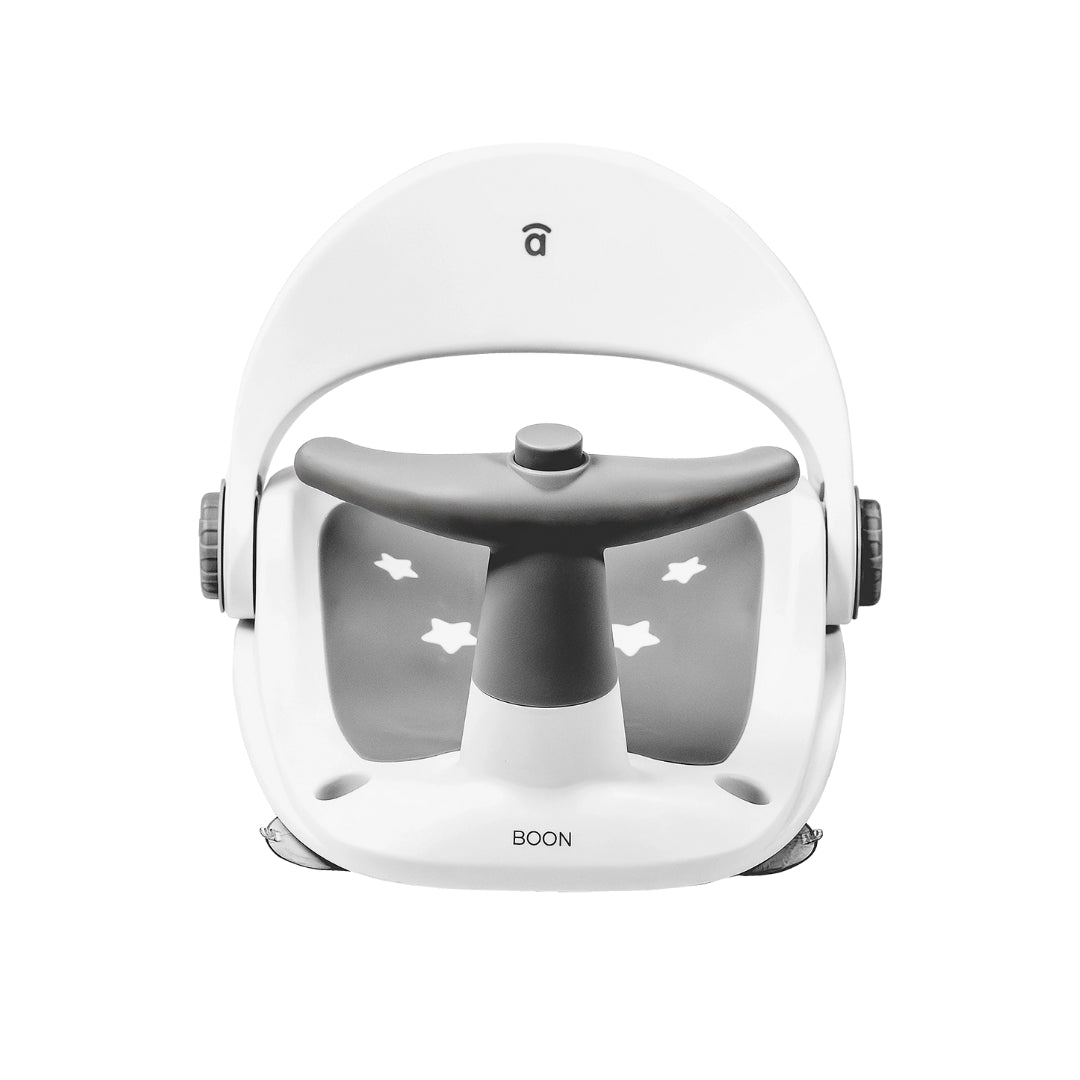 White baby bath seat with black interior and 'asalvo' branding on a white background