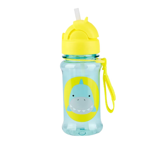 A kids' Skip Hop water bottle with a translucent light blue body, a bright yellow lid and strap, and a cartoon shark graphic on the front, shown on a plain white background.