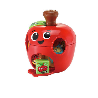 vtech Red toy apple with a face and various compartments on a white background