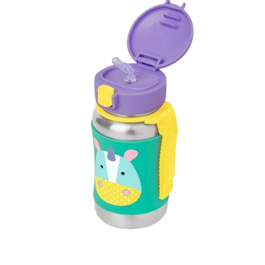 A Skip Hop stainless steel water bottle with a purple lid and open straw, featuring a colorful green and yellow animal face wrap and a yellow carrying strap, on a white background.