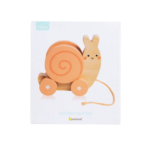 Pearhead Wooden toy snail on wheels with packaging on a white background