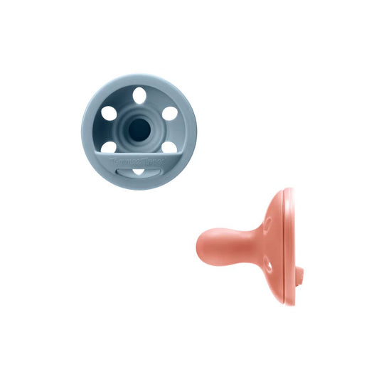 Blue and pink Tommee Tippee pacifier attachments on a white background