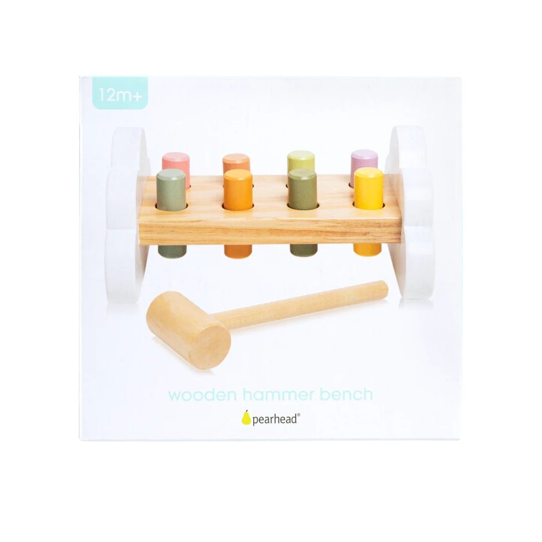 Pearhead Wooden hammer bench with colorful pegs and a wooden hammer on a white background