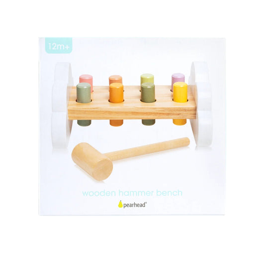 Pearhead Wooden hammer bench with colorful pegs and a wooden hammer on a white background