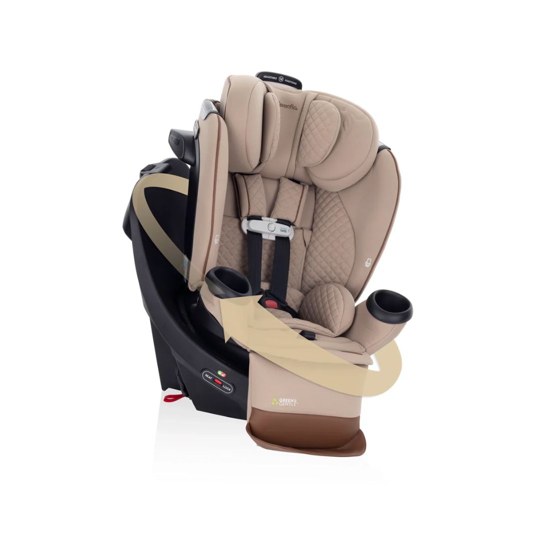 Beige and brown Evenflo baby car seat on a white background