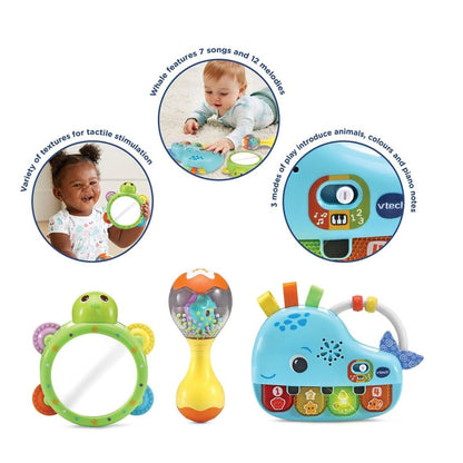 Set of colorful baby toys with Vtech branding on a white background