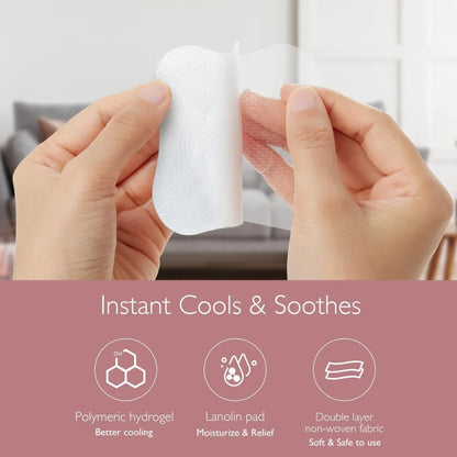 Hands holding a small white Momcozy gel pack with text 'Instant Cools & Soothes' and product features.