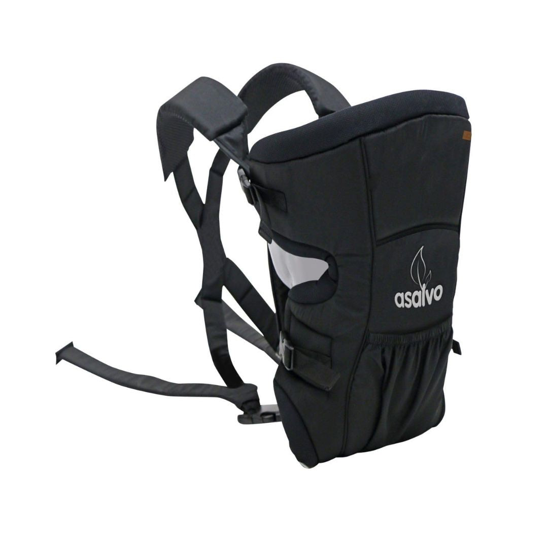 Black baby carrier with 'asalvo' branding on a white background