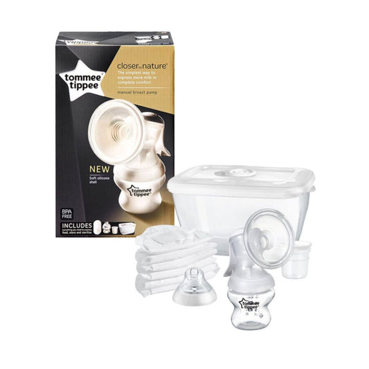Tomme Tippee breast pump set with packaging on a white background