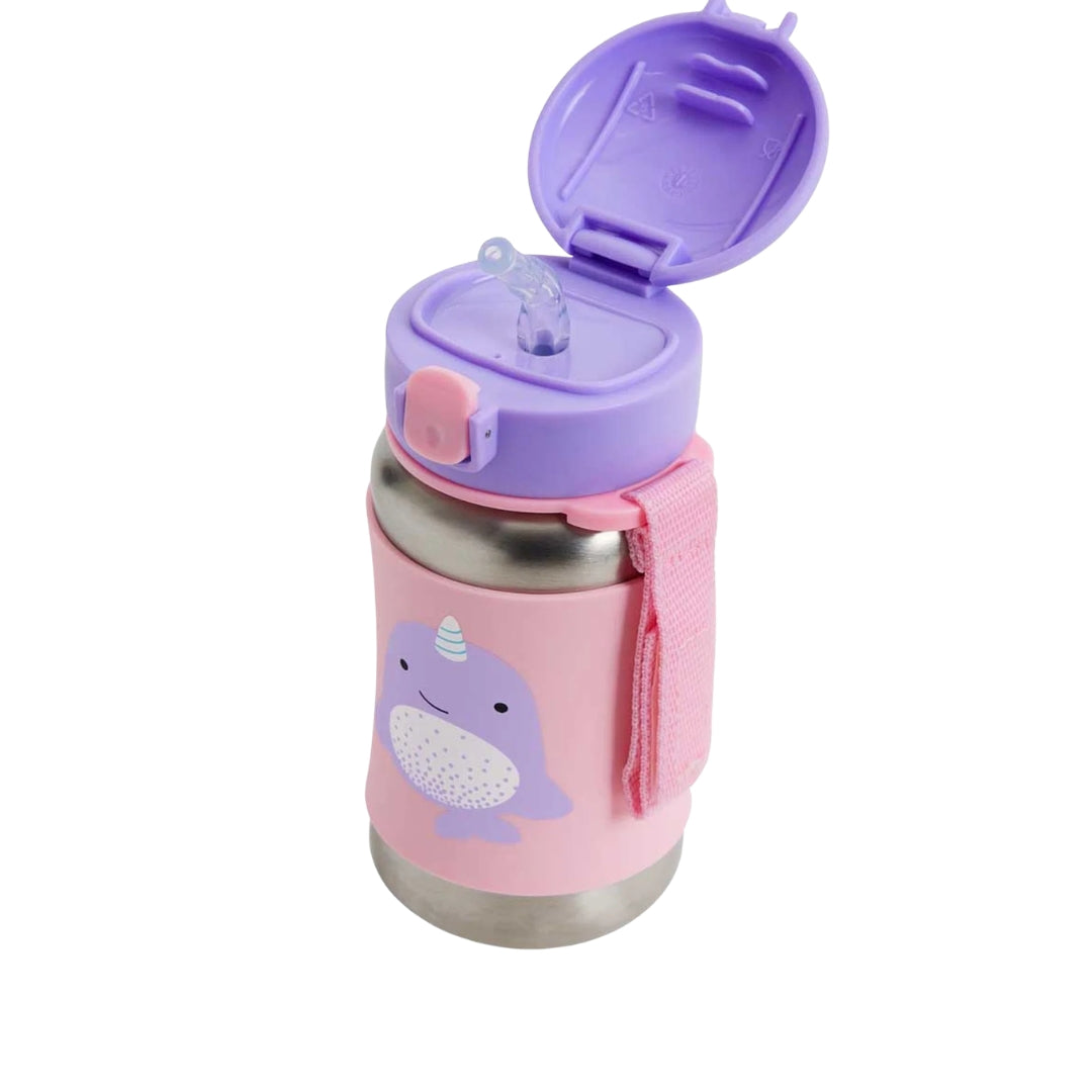 A pink and purple children's Skip Hop stainless steel water bottle with a narwhal graphic on the sleeve, shown on a white background with the lid open.