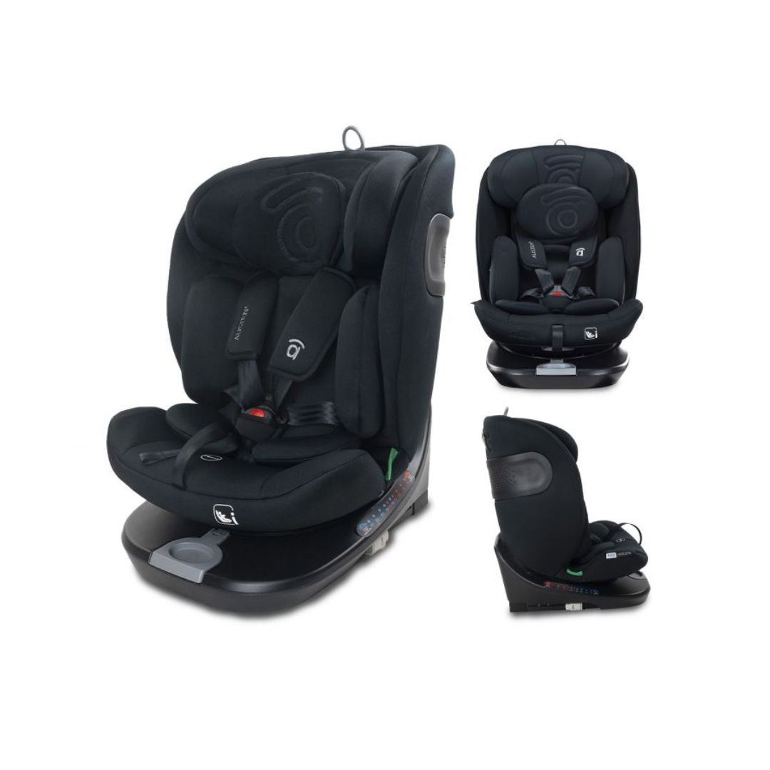 Asalvo Austen Black car seat with multiple views on a white background