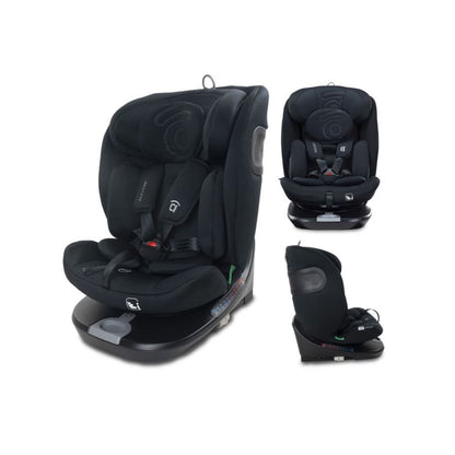 Asalvo Austen Black car seat with multiple views on a white background