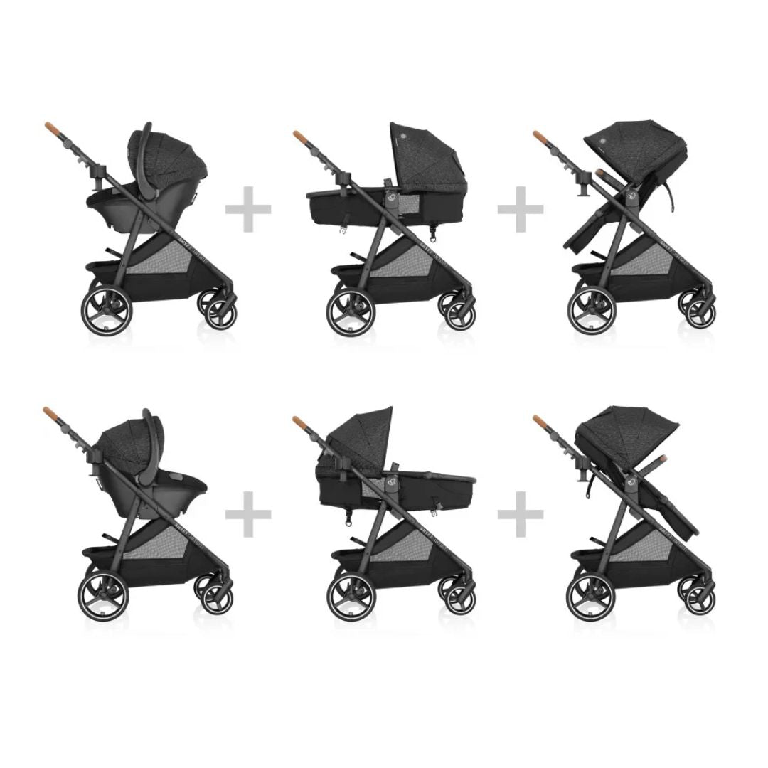 Evenflo Black stroller in various angles on a white background