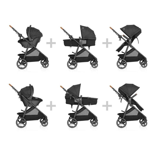 Evenflo Black stroller in various angles on a white background