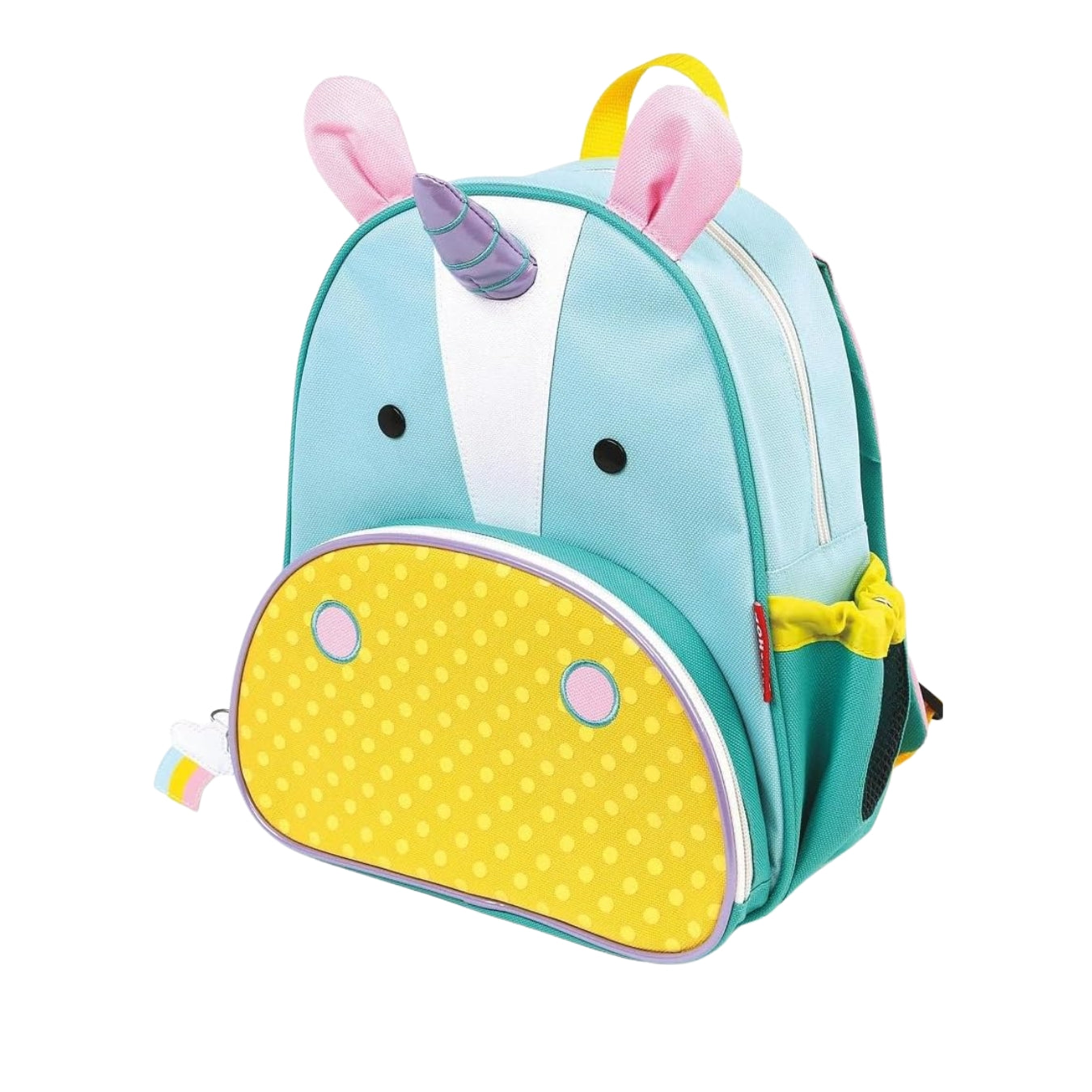 A children's Skip HOp unicorn-themed backpack in light blue and teal, featuring a yellow front panel with white polka dots, pink ears, a purple horn, and a yellow top handle, shown on a plain white background.