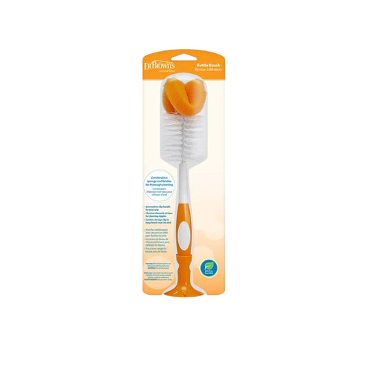 Orange and white bottle brush with packaging on a white background