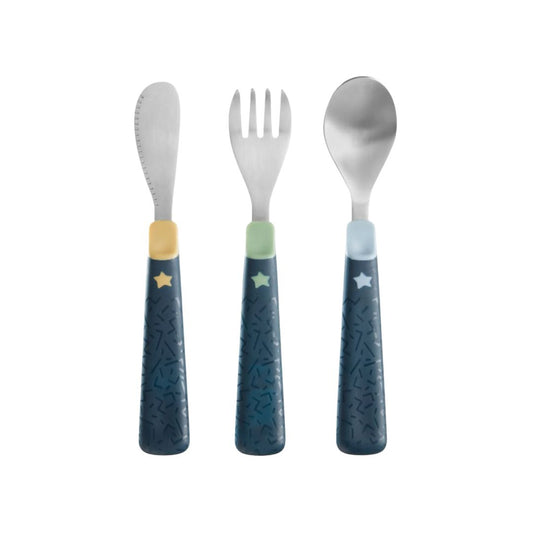 Set of Tommee tippee children's cutlery with blue handles featuring star designs on a white background.