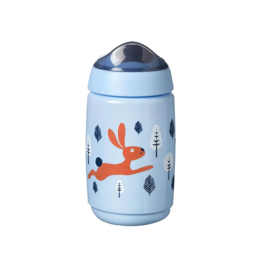 Children's thermos bottle with a rabbit design on a light blue background
