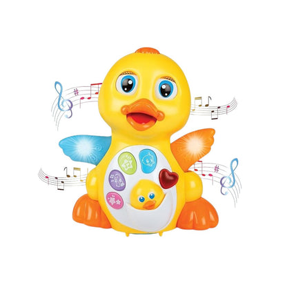 Yellow toy duck with colorful buttons and musical notes on a white background