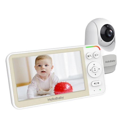HelloBaby baby monitor with digital display and camera on a white background