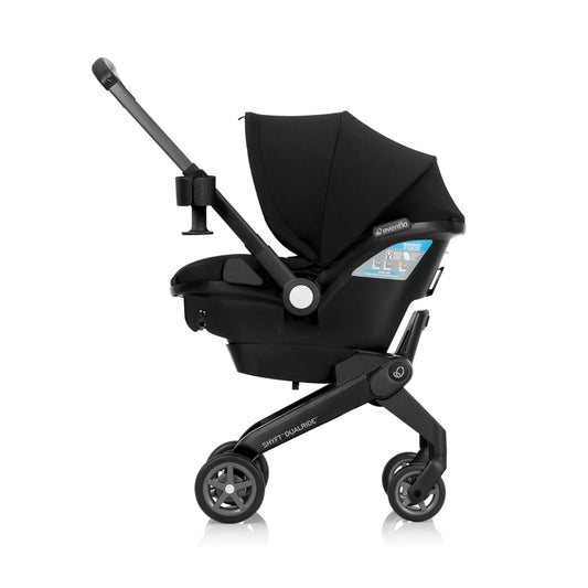 Evenflo Black stroller with canopy on a white background