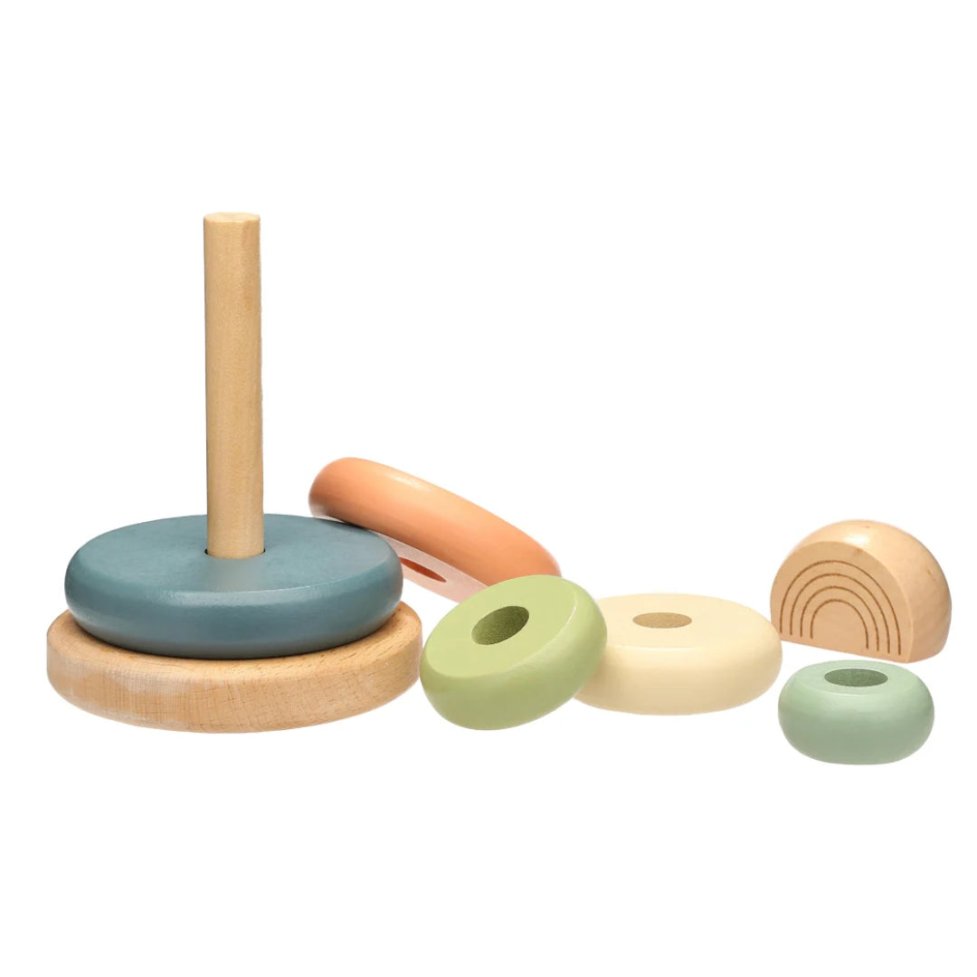 Pearhead Colorful wooden toy with rings on a white background