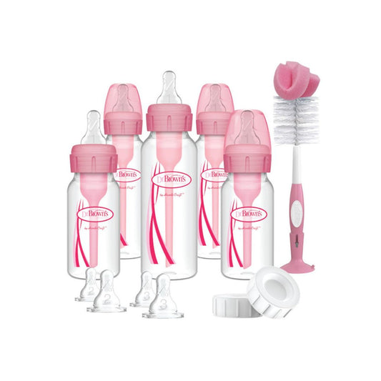 Dr. Brown's Baby bottle set with pink and white design on a white background