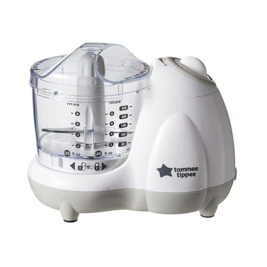 White baby food processor with clear container on a white background, featuring the Tommee Tippee brand.
