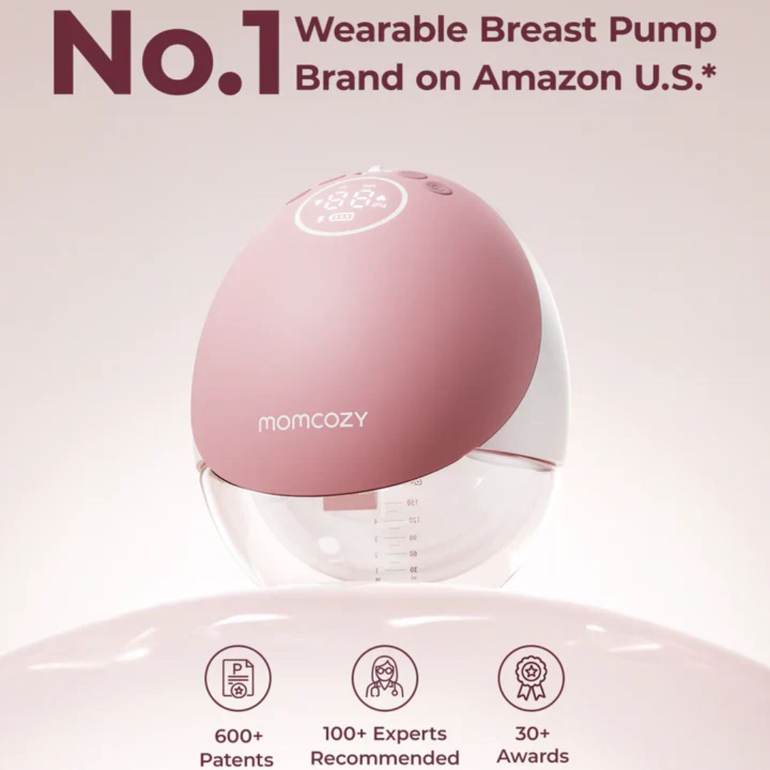 Pink breast pump with 'momcozy' branding on a light pink background, featuring text about being the No.1 wearable breast pump brand on Amazon U.