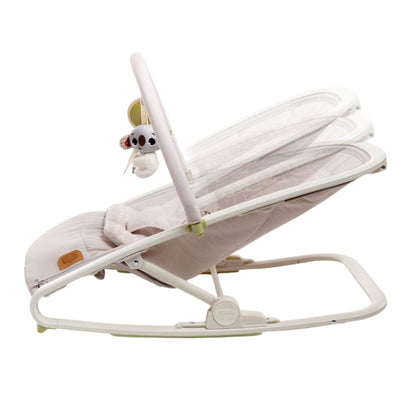 Tiny Love Baby bouncer with white mesh seat and beige base on a white background