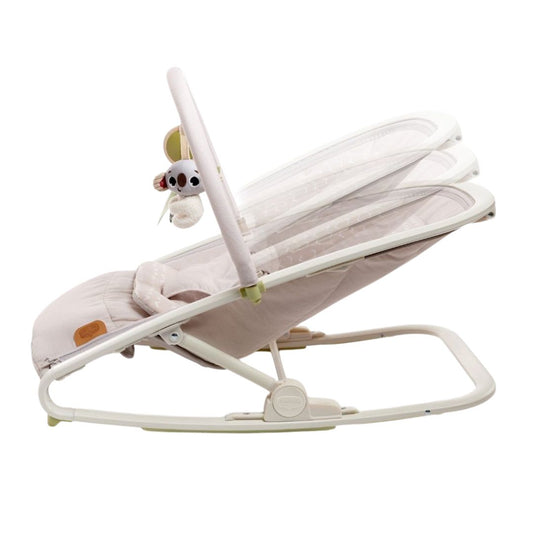 Tiny Love Baby bouncer with white mesh seat and beige base on a white background