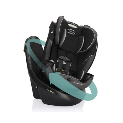 Evenflo Black and teal car seat with a visible brand logo on a white background