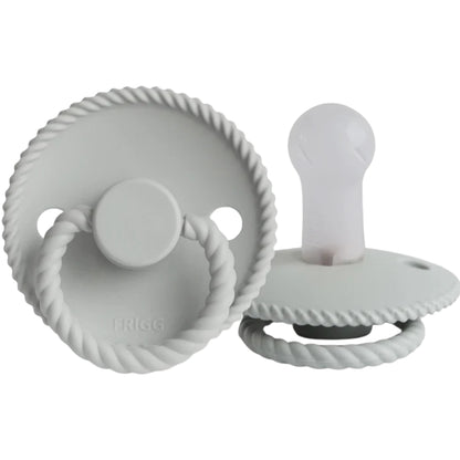 Frigg gray pacifiers with a rope design on a white background