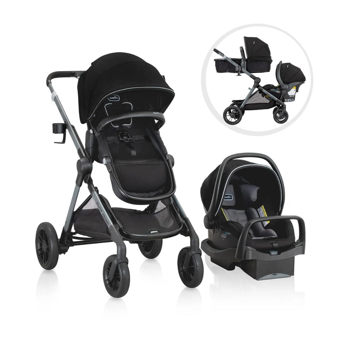 Evenflo Black stroller and car seat set on a white background