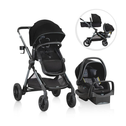 Evenflo Black stroller and car seat set on a white background