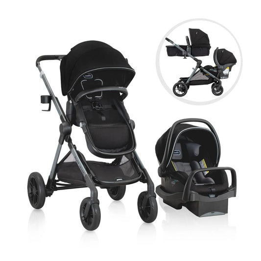 Evenflo Black stroller and car seat set on a white background