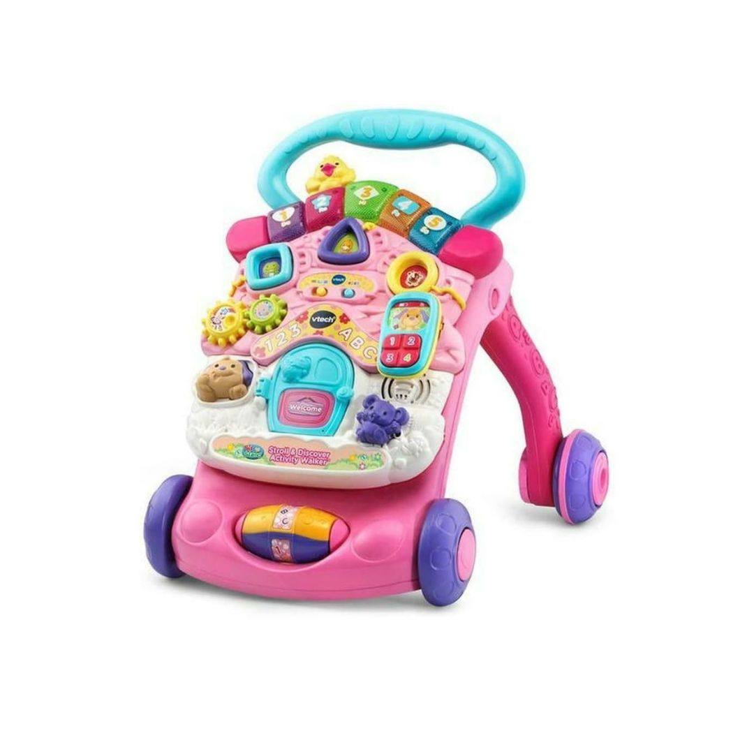 Colorful Vtech toy walker with various interactive elements on a white background